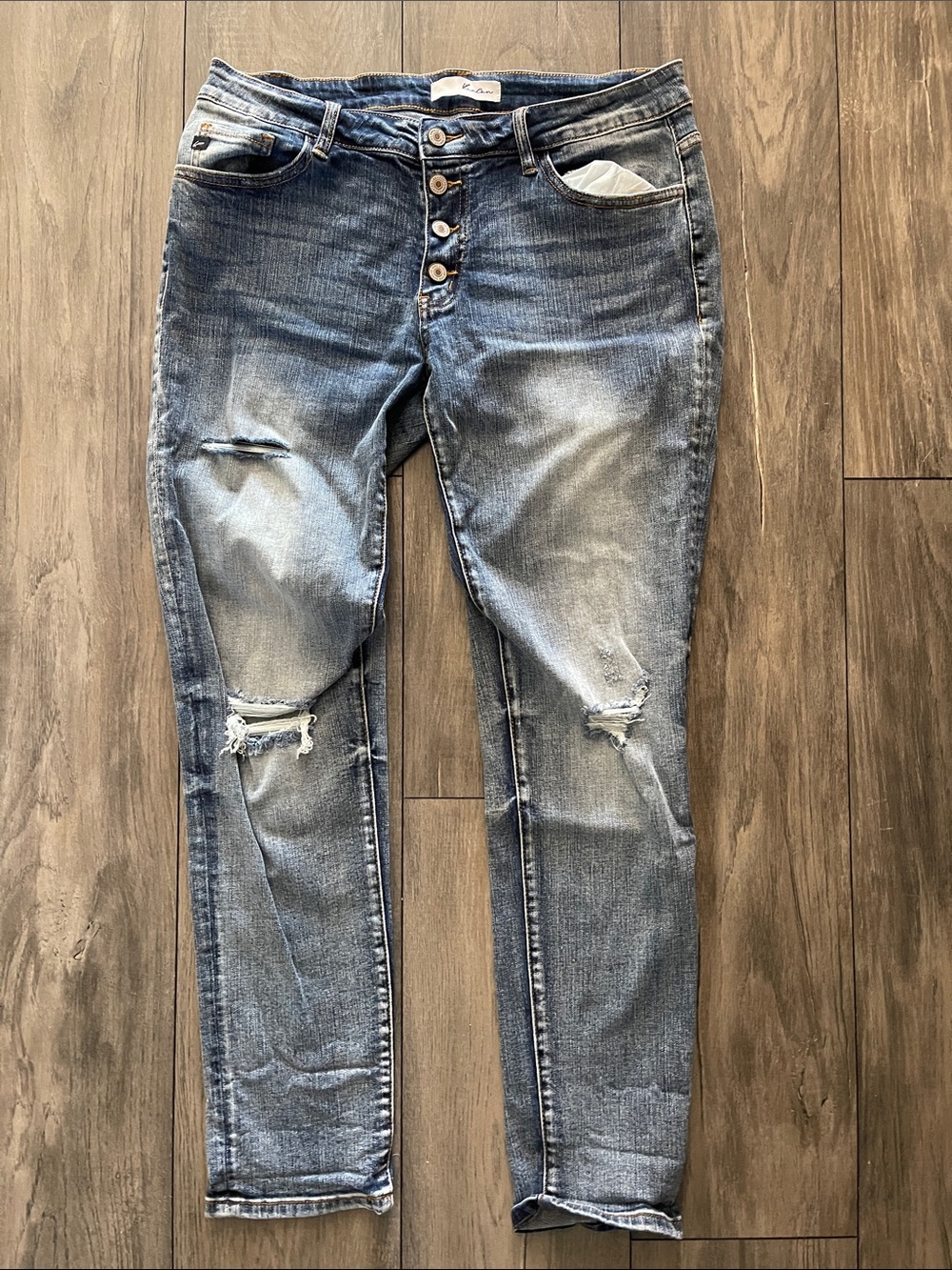 Men's Distressed Blue Denim Jeans - Button Fly